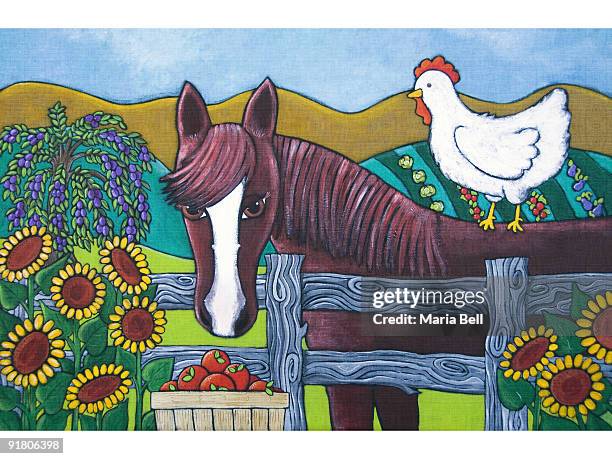 a horse and chicken on a farm in the country - padock stock illustrations