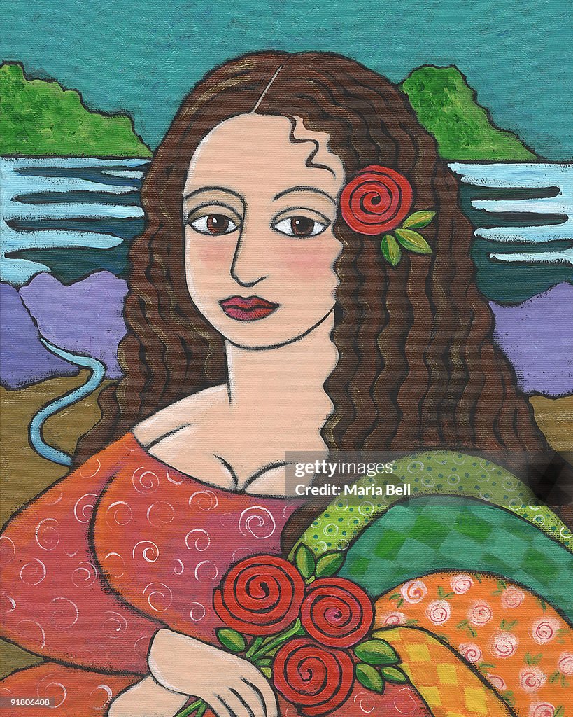 A modern woman in a pose like Mona Lisa