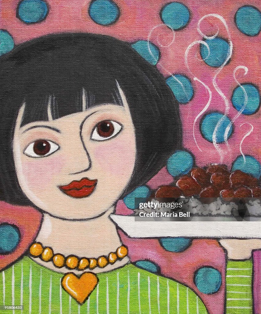A painting of a woman holding a hot plate of food