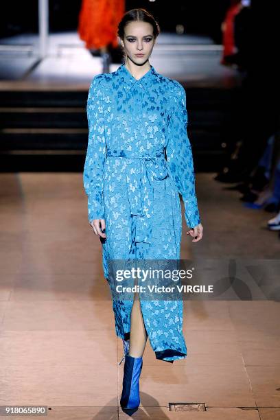 Model walks the runway for Carolina Herrera Ready to Wear Fall/Winter 2018-2019 fashion show during New York Fashion Week on February 12, 2018 in New...