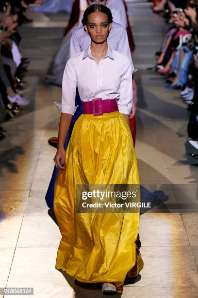 Model walks the runway for Carolina Herrera Ready to Wear Fall/Winter 2018-2019 fashion show during New York Fashion Week on February 12, 2018 in New...