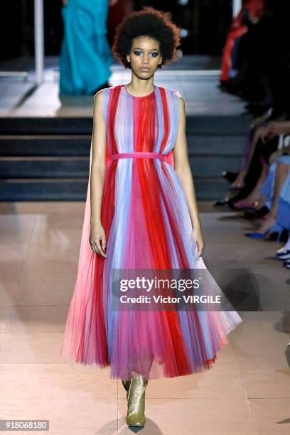 Model walks the runway for Carolina Herrera Ready to Wear Fall/Winter 2018-2019 fashion show during New York Fashion Week on February 12, 2018 in New...