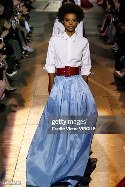 Model walks the runway for Carolina Herrera Ready to Wear Fall/Winter 2018-2019 fashion show during New York Fashion Week on February 12, 2018 in New...