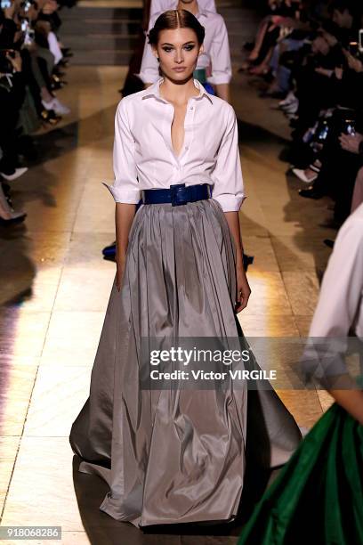 Model walks the runway for Carolina Herrera Ready to Wear Fall/Winter 2018-2019 fashion show during New York Fashion Week on February 12, 2018 in New...