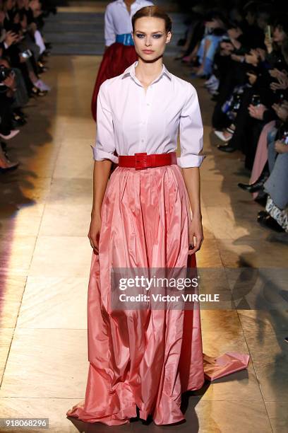 Model walks the runway for Carolina Herrera Ready to Wear Fall/Winter 2018-2019 fashion show during New York Fashion Week on February 12, 2018 in New...