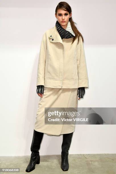 Model poses for Zero + Maria Cornejo Ready to Wear Fall/Winter 2018-2019 Presentation during New York Fashion Week on February 12, 2018 in New York...