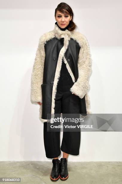 Model poses for Zero + Maria Cornejo Ready to Wear Fall/Winter 2018-2019 Presentation during New York Fashion Week on February 12, 2018 in New York...