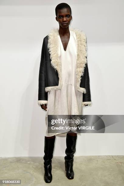 Model poses for Zero + Maria Cornejo Ready to Wear Fall/Winter 2018-2019 Presentation during New York Fashion Week on February 12, 2018 in New York...