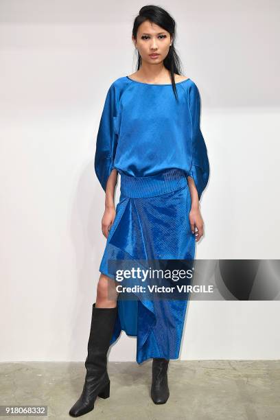 Model poses for Zero + Maria Cornejo Ready to Wear Fall/Winter 2018-2019 Presentation during New York Fashion Week on February 12, 2018 in New York...