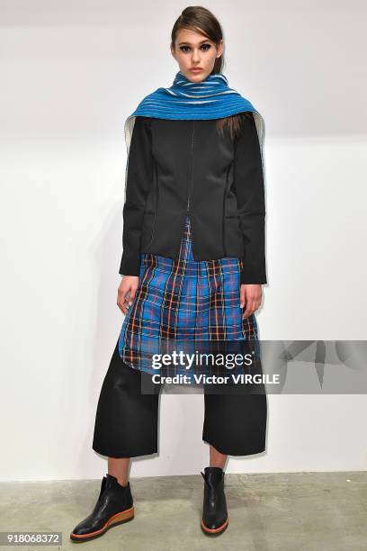 Model poses for Zero + Maria Cornejo Ready to Wear Fall/Winter 2018-2019 Presentation during New York Fashion Week on February 12, 2018 in New York...