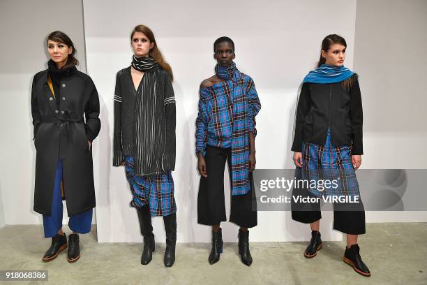 Model poses for Zero + Maria Cornejo Ready to Wear Fall/Winter 2018-2019 Presentation during New York Fashion Week on February 12, 2018 in New York...