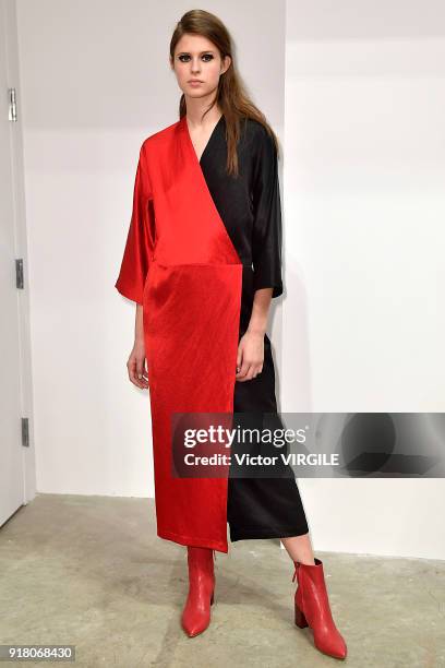 Model poses for Zero + Maria Cornejo Ready to Wear Fall/Winter 2018-2019 Presentation during New York Fashion Week on February 12, 2018 in New York...