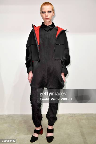 Model poses for Zero + Maria Cornejo Ready to Wear Fall/Winter 2018-2019 Presentation during New York Fashion Week on February 12, 2018 in New York...