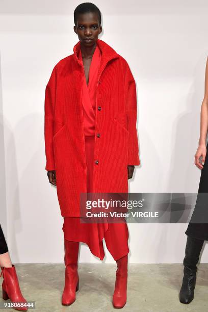 Model poses for Zero + Maria Cornejo Ready to Wear Fall/Winter 2018-2019 Presentation during New York Fashion Week on February 12, 2018 in New York...