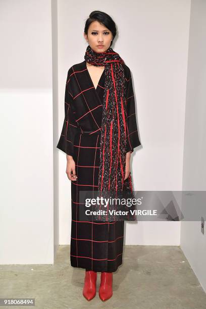 Model poses for Zero + Maria Cornejo Ready to Wear Fall/Winter 2018-2019 Presentation during New York Fashion Week on February 12, 2018 in New York...