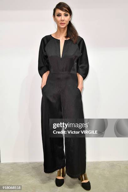 Model poses for Zero + Maria Cornejo Ready to Wear Fall/Winter 2018-2019 Presentation during New York Fashion Week on February 12, 2018 in New York...