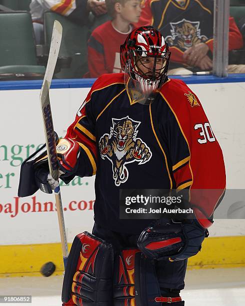 Goaltender Scott Clemmensen of the Florida Panthers skates during warm-up prior to the game against the New Jersey Devils on October 10, 2009 at the...