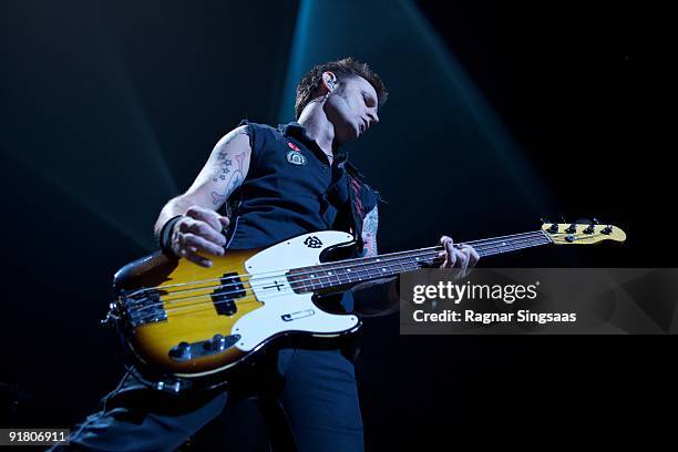 Mike Dirnt of Green Day performs on October 12, 2009 at Oslo Spektrum in Oslo, Norway.