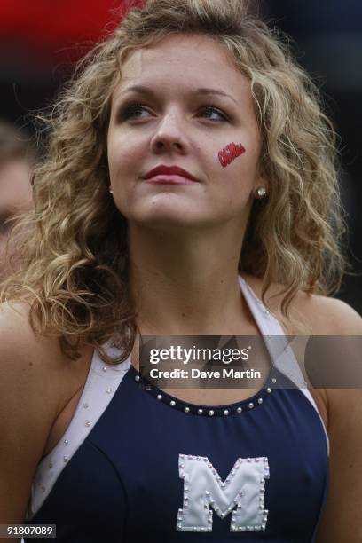 Mississippi Rebel cheerleader watches during their game against the Alabama Crimson Tide at Vaught-Hemingway Stadium on October 10, 2009 in Oxford,...