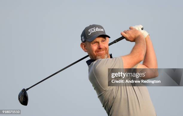 Stephen Gallacher of Scotland in action during the Pro Am prior to the start of the NBO Oman Open at Al Mouj Golf on February 14, 2018 in Muscat,...