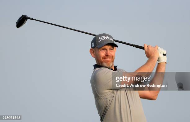 Stephen Gallacher of Scotland in action during the Pro Am prior to the start of the NBO Oman Open at Al Mouj Golf on February 14, 2018 in Muscat,...