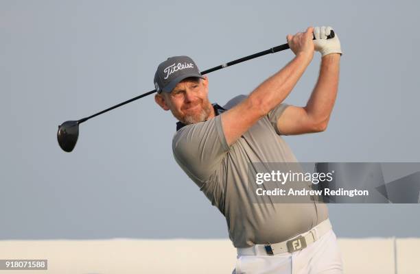 Stephen Gallacher of Scotland in action during the Pro Am prior to the start of the NBO Oman Open at Al Mouj Golf on February 14, 2018 in Muscat,...