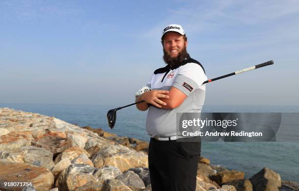 Andrew Johnston of England poses for a portrait during the Pro Am prior to the start of the NBO Oman Open at Al Mouj Golf on February 14, 2018 in...