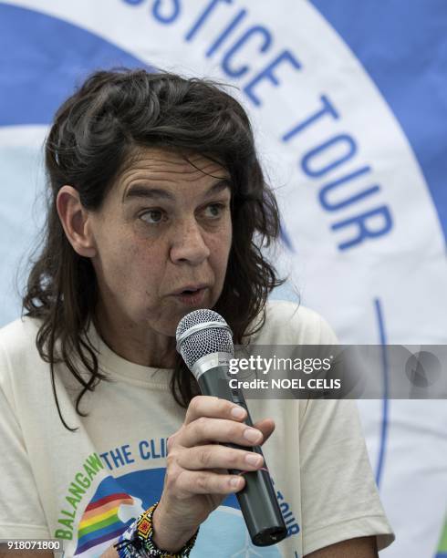 Greenpeace's Rainbow Warrior captain Hettie Geenen answers questions during a press conference while on board Greenpeace's iconic Rainbow Warrior,...