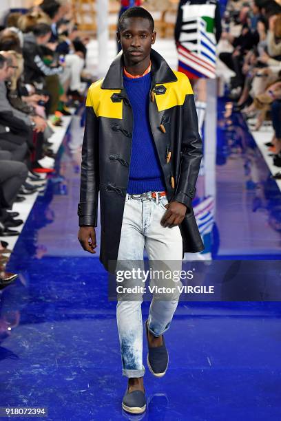 Model walks the runway at Ralph Lauren Ready to Wear Spring/Summer 2018 fashion show during the New York Fashion Week on February 12, 2018 in New...