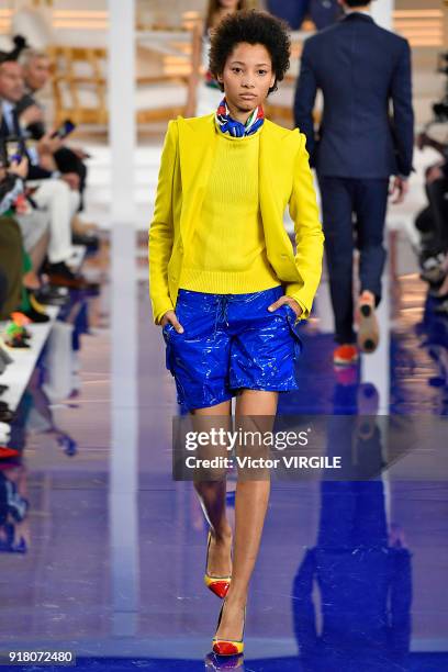 Model walks the runway at Ralph Lauren Ready to Wear Spring/Summer 2018 fashion show during the New York Fashion Week on February 12, 2018 in New...