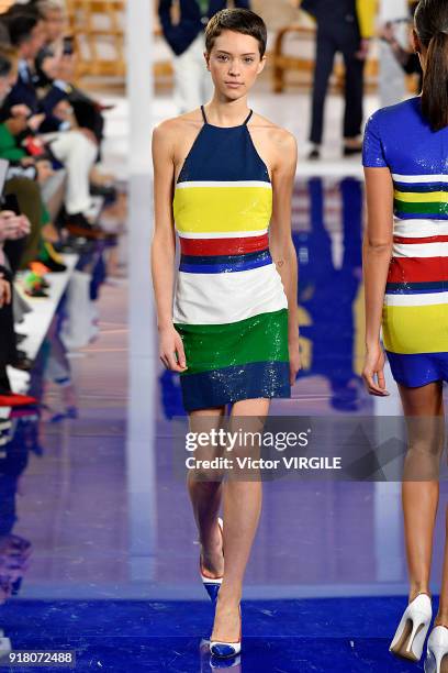 Model walks the runway at Ralph Lauren Ready to Wear Spring/Summer 2018 fashion show during the New York Fashion Week on February 12, 2018 in New...