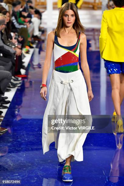 Model walks the runway at Ralph Lauren Ready to Wear Spring/Summer 2018 fashion show during the New York Fashion Week on February 12, 2018 in New...