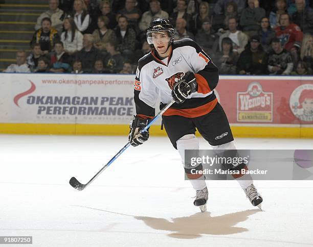 Linden Vey of the Medicine Hat Tigers skates against the Kelowna Rockets at Prospera Place on October 7, 2009 in Kelowna, Canada. Vey is a 2009 NHL...