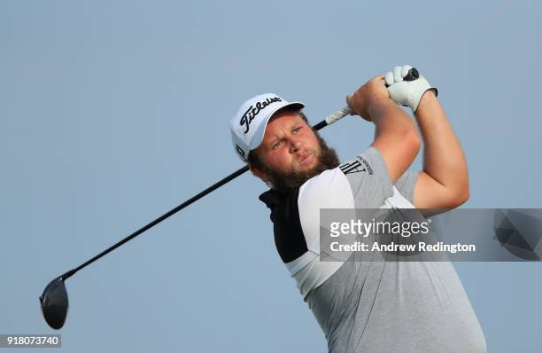 Andrew Johnston of England in action during the Pro Am prior to the start of the NBO Oman Open at Al Mouj Golf on February 14, 2018 in Muscat, Oman.