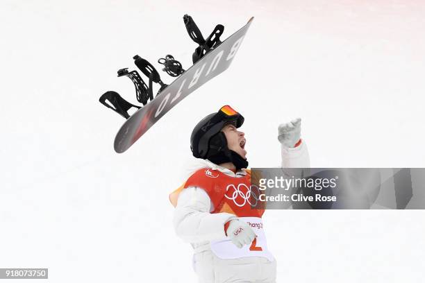Gold medalist Shaun White of the United States celebrates during the Snowboard Men's Halfpipe Final on day five of the PyeongChang 2018 Winter...