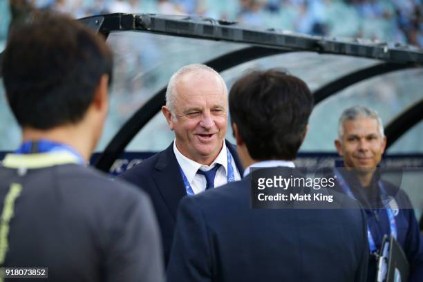Sydney FC coach Graham Arnold greets Suwon Bluewings coach Seo Jung-won during the AFC Asian Champions League match between Sydney FC and Suwon...