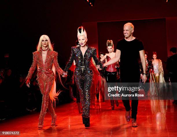Phillipe Blond, Daphne Guinness and David Blond walk the Runway after The Blonds show at Spring Studios on February 13, 2018 in New York City.