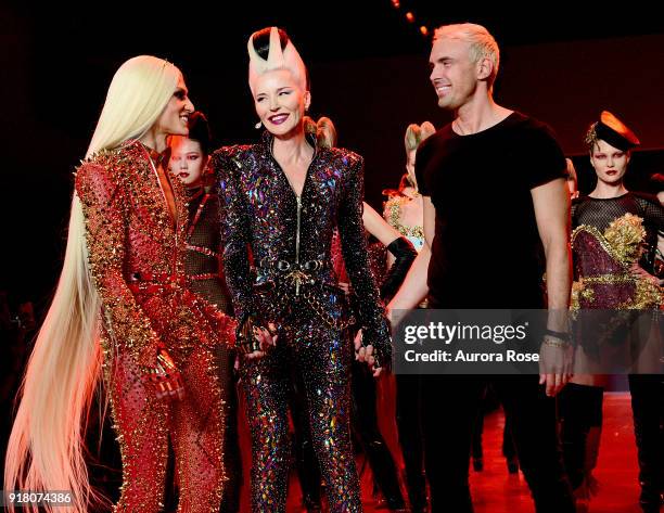 Phillipe Blond, Daphne Guinness and David Blond walk the Runway after The Blonds show at Spring Studios on February 13, 2018 in New York City.