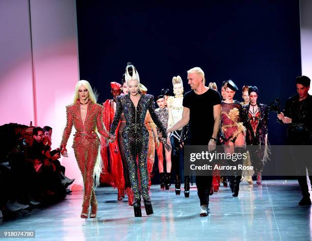 Phillipe Blond, Daphne Guinness and David Blond walk the Runway after The Blonds show at Spring Studios on February 13, 2018 in New York City.