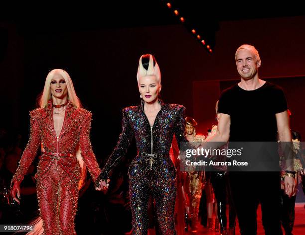 Phillipe Blond, Daphne Guinness and David Blond walk the Runway after The Blonds show at Spring Studios on February 13, 2018 in New York City.