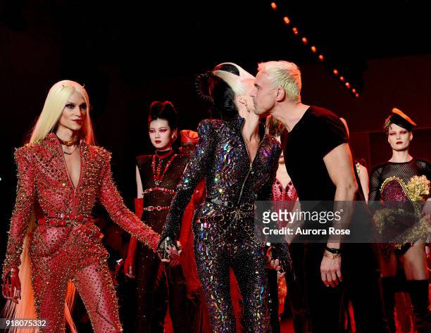 Phillipe Blond, Daphne Guinness and David Blond walk the Runway after The Blonds show at Spring Studios on February 13, 2018 in New York City.