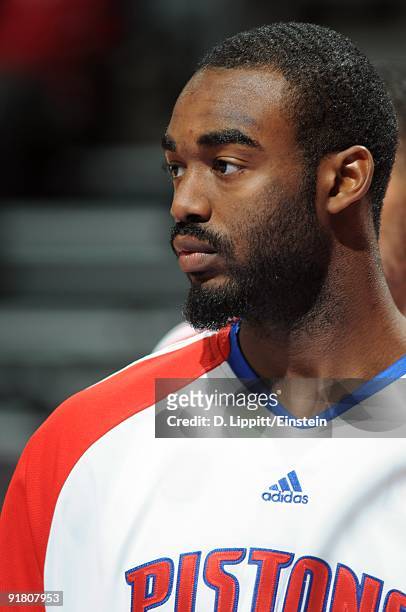 DaJuan Summers of the Detroit Pistons looks on during a preseason game against the Atlanta Hawks at the Palace of Auburn Hills on October 11, 2009 in...