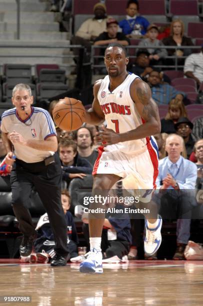 Ben Gordon of the Detroit Pistons moves the ball up court during a preseason game against the Atlanta Hawks at the Palace of Auburn Hills on October...