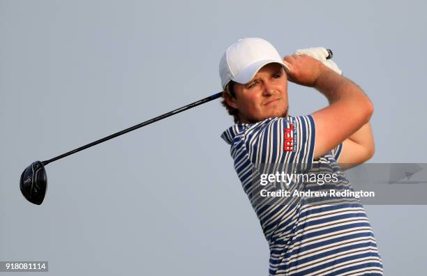 Eddie Pepperell of England in action during the Pro Am prior to the start of the NBO Oman Open at Al Mouj Golf on February 14, 2018 in Muscat, Oman.