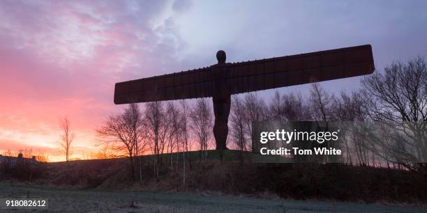 Sunrise at the Angel of the North on February 14, 2018 in Gateshead, England. Tomorrow marks the 20th anniversary since the iconic Antony Gormley...