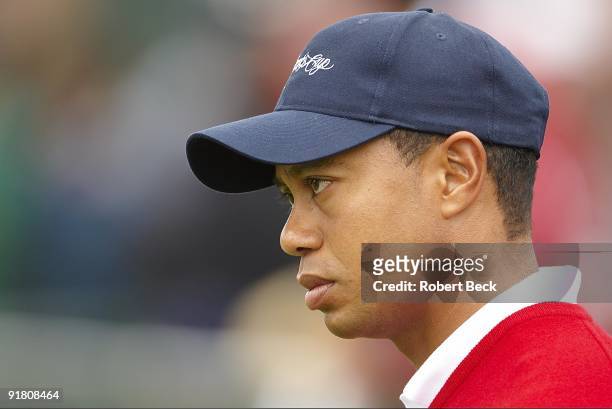 Closeup of USA Tiger Woods during Thursday Foursomes Matches at Harding Park GC. San Francisco, CA 10/8/2009 CREDIT: Robert Beck