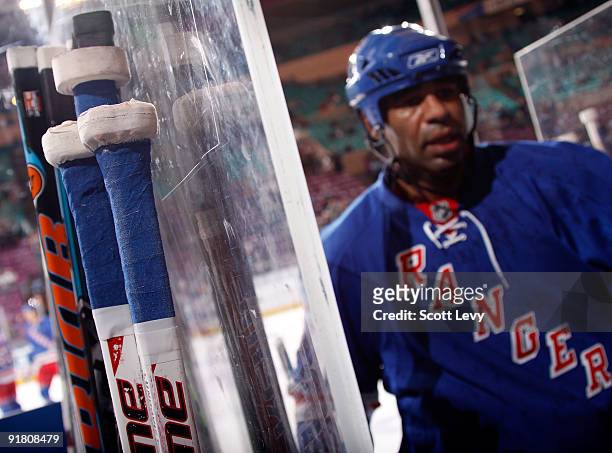 Donald Brashear of the New York Rangers leaves warm-ups prior to the game against the Toronto Maple Leafs on October 12, 2009 at Madison Square...