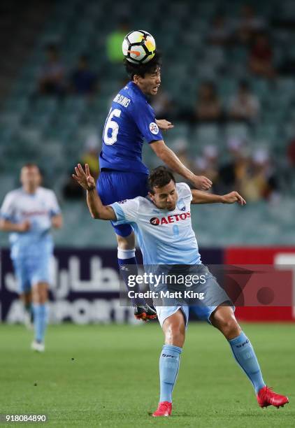 Lee Jong-Sung of the Bluewings jumps over Bobo of Sydney FC for a header during the AFC Asian Champions League match between Sydney FC and Suwon...