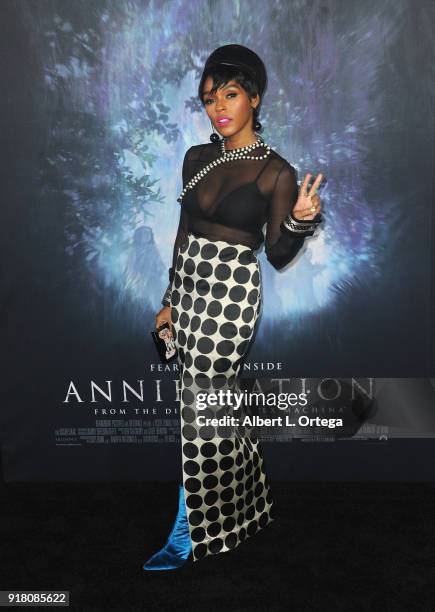 Singer/actress Janelle Monae arrives for the Premiere Of Paramount Pictures' "Annihilation" held at Regency Village Theatre on February 13, 2018 in...