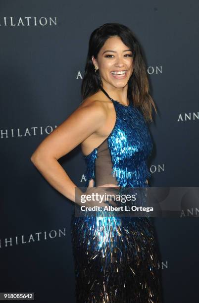 Actress Gina Rodriguez arrives for the Premiere Of Paramount Pictures' "Annihilation" held at Regency Village Theatre on February 13, 2018 in...